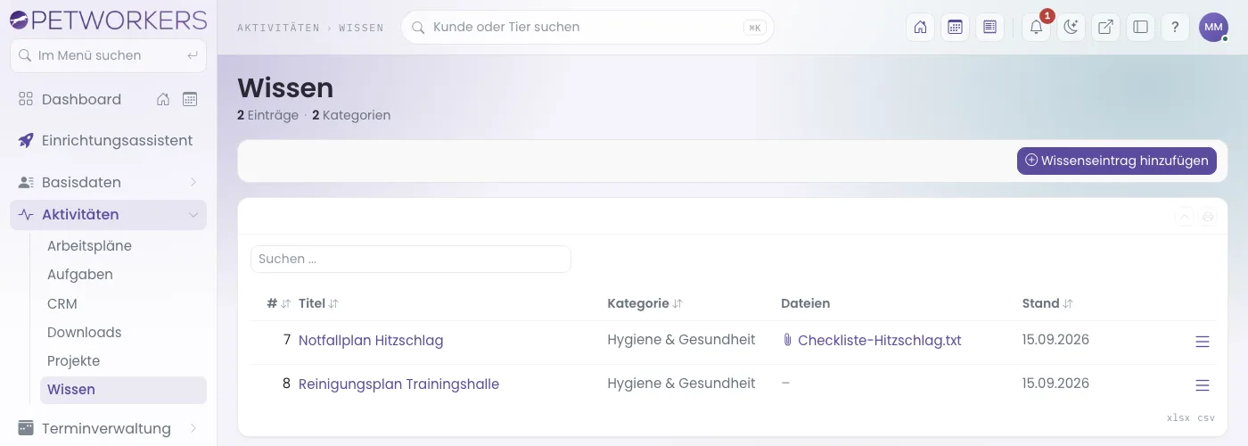 Die Wissensdatenbank: Titel, Kategorie, angehängte Dateien und Stand.