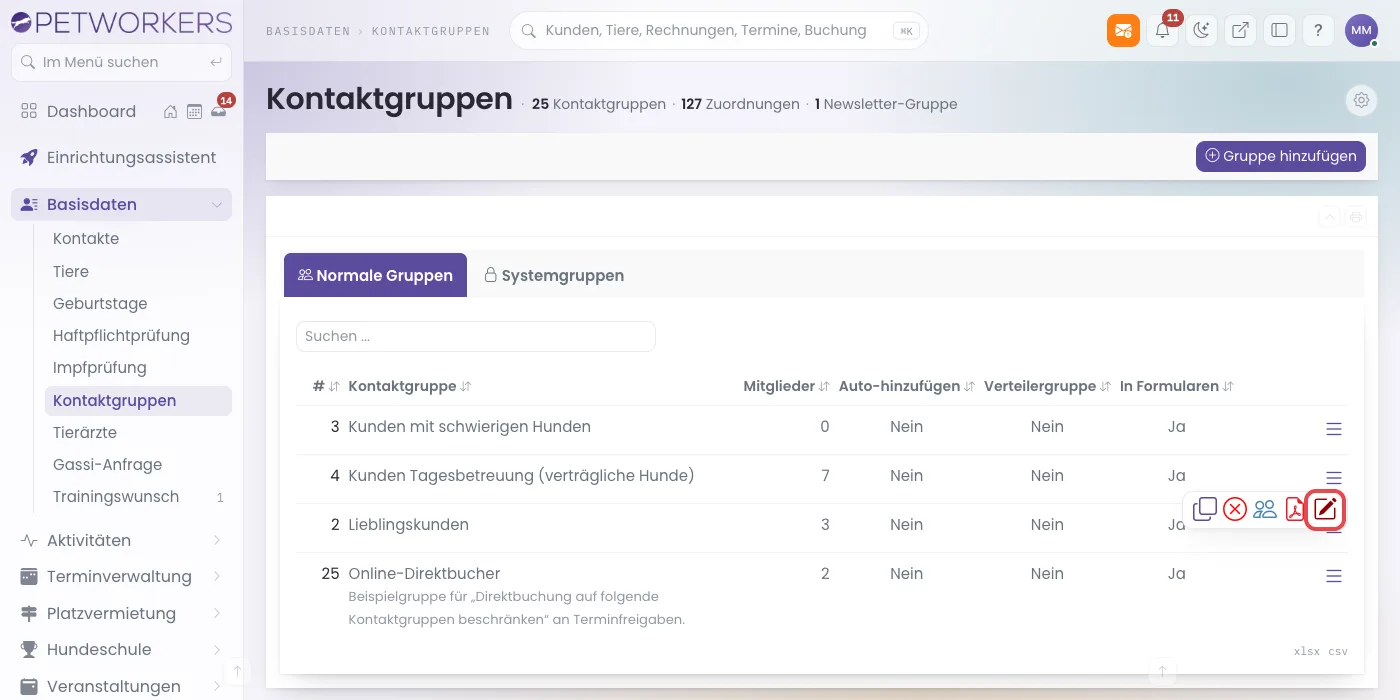 Liste der Kontaktgruppen mit aufgeklapptem Zeilenmenü und markiertem Bearbeiten