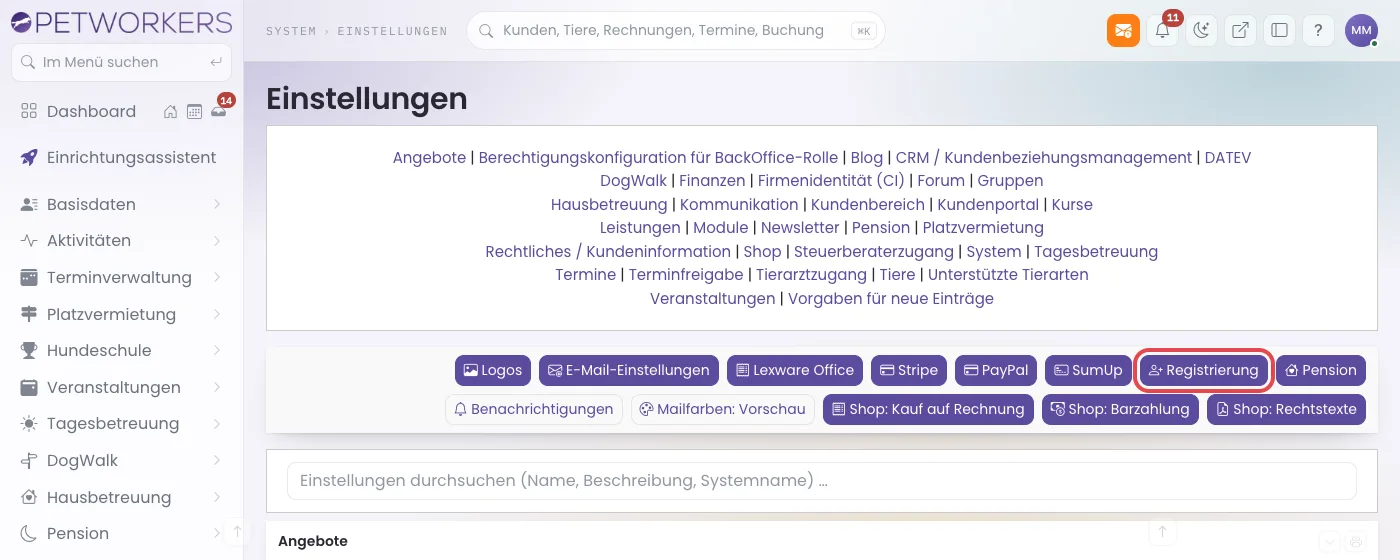 Einstellungen mit dem rot markierten Knopf Registrierung