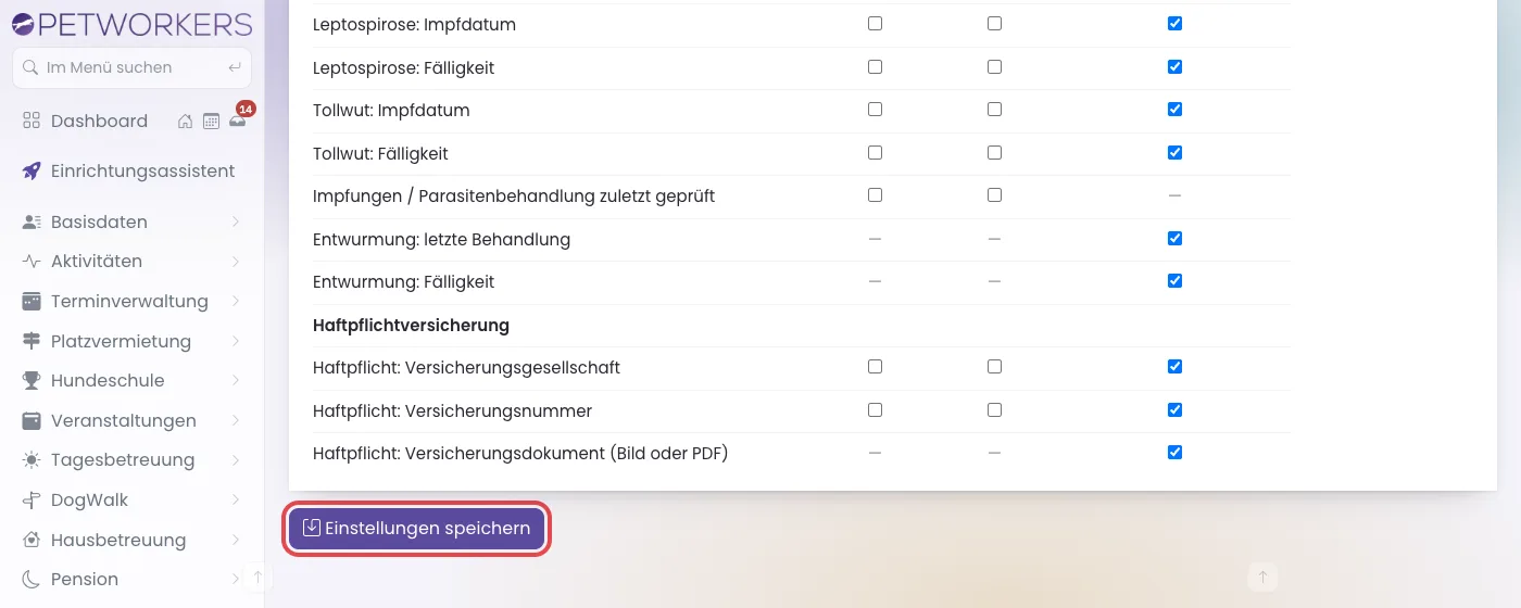 Ende der Seite mit dem rot markierten Knopf Einstellungen speichern