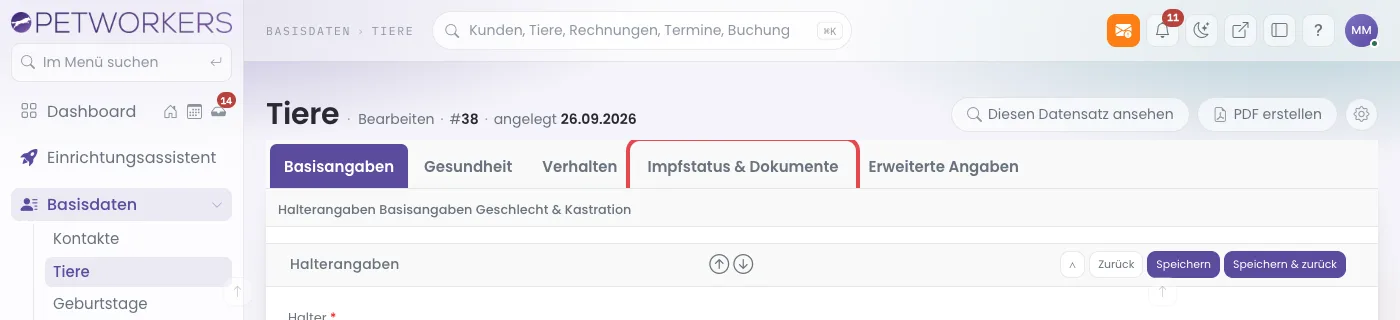 Tierformular, der Reiter Impfstatus und Dokumente ist rot markiert