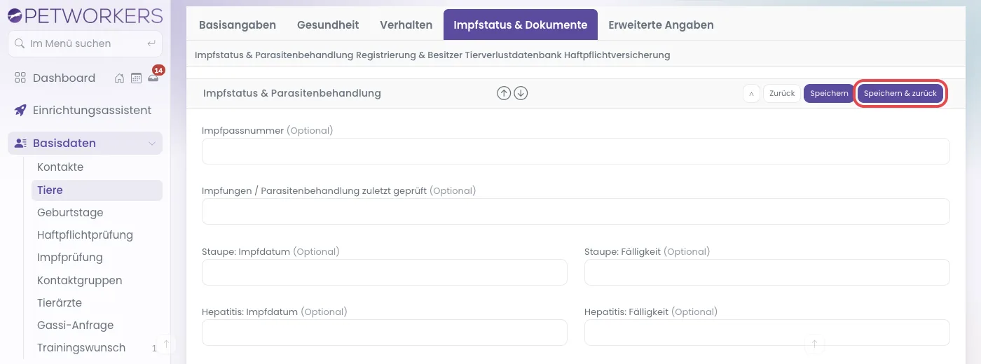Reiter Impfstatus und Dokumente, der Knopf Speichern und zurück ist rot markiert