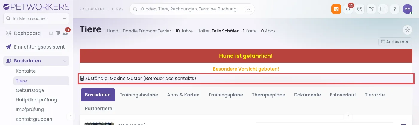 Tierkartei mit der Zeile Zuständig: Maxine Muster (Betreuer des Kontakts), rot markiert