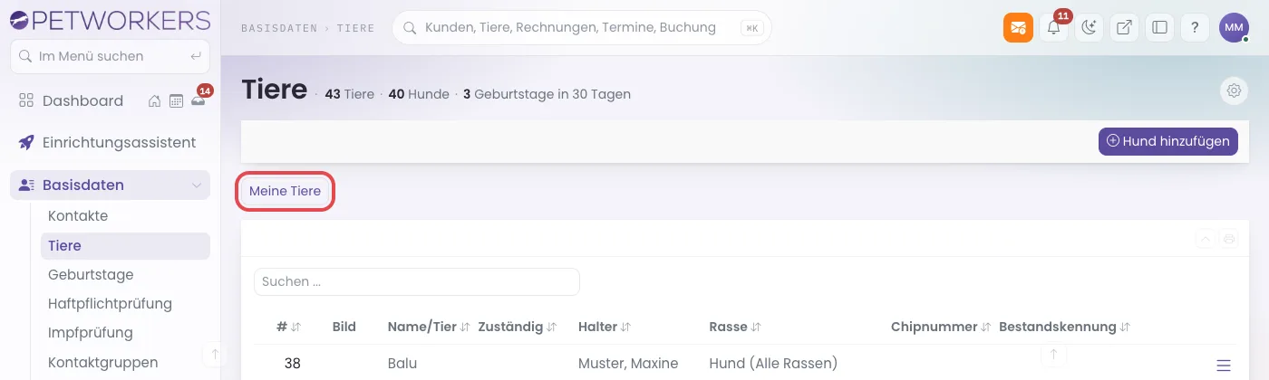 Tierliste mit dem rot markierten Knopf Meine Tiere
