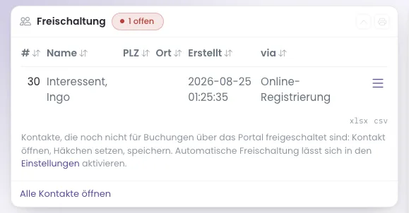 Die Dashboard-Kachel Freischaltung mit einem offenen Kontakt