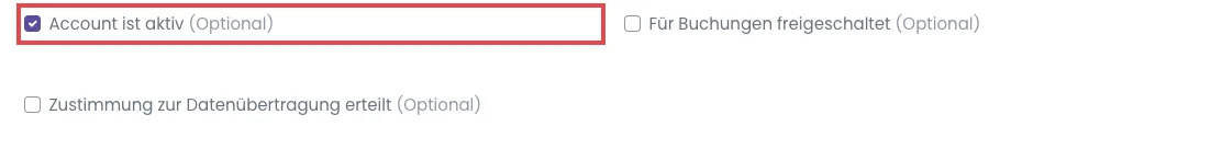 Kontaktformular, der Haken Account ist aktiv ist rot markiert