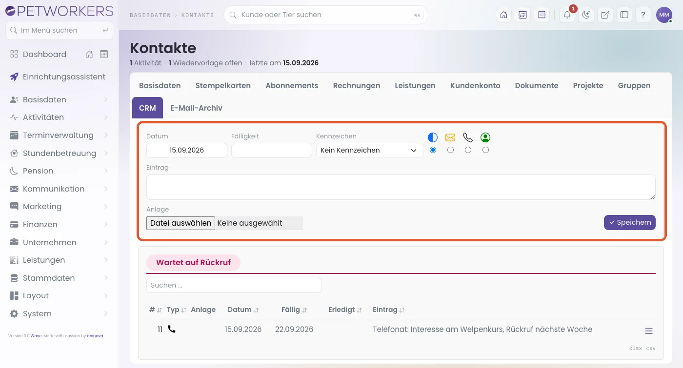 Die CRM-Seite eines Kontakts mit Eingabemaske und einem Eintrag