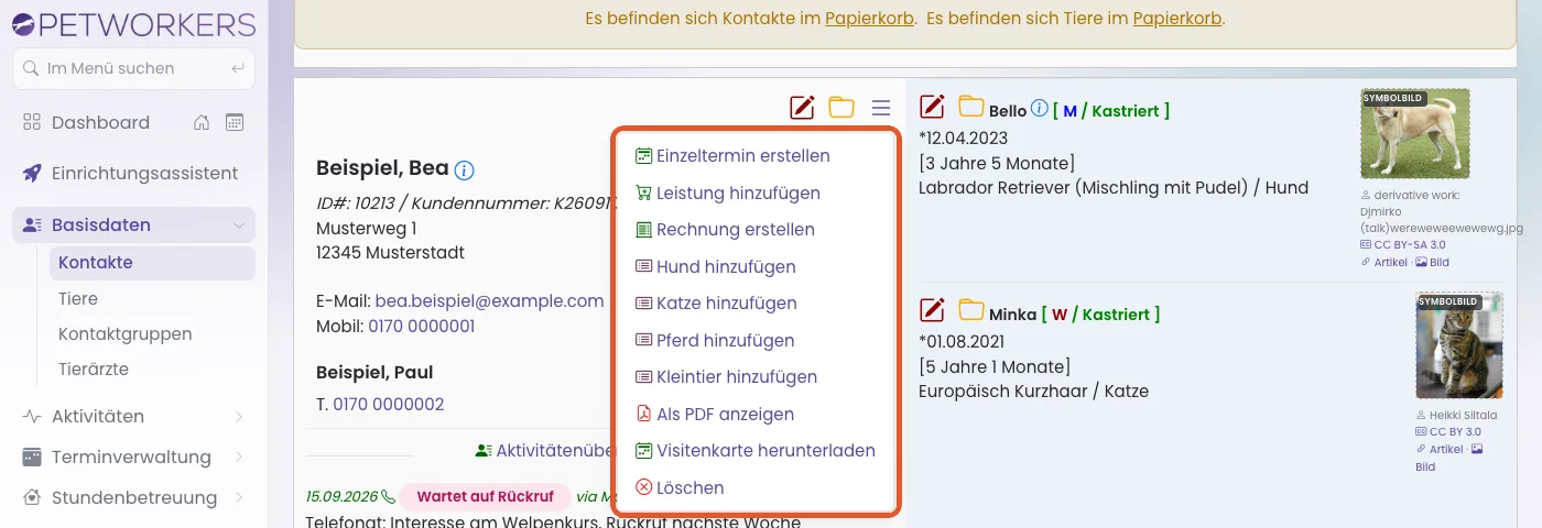 Das aufgeklappte Menü einer Kontaktkarte