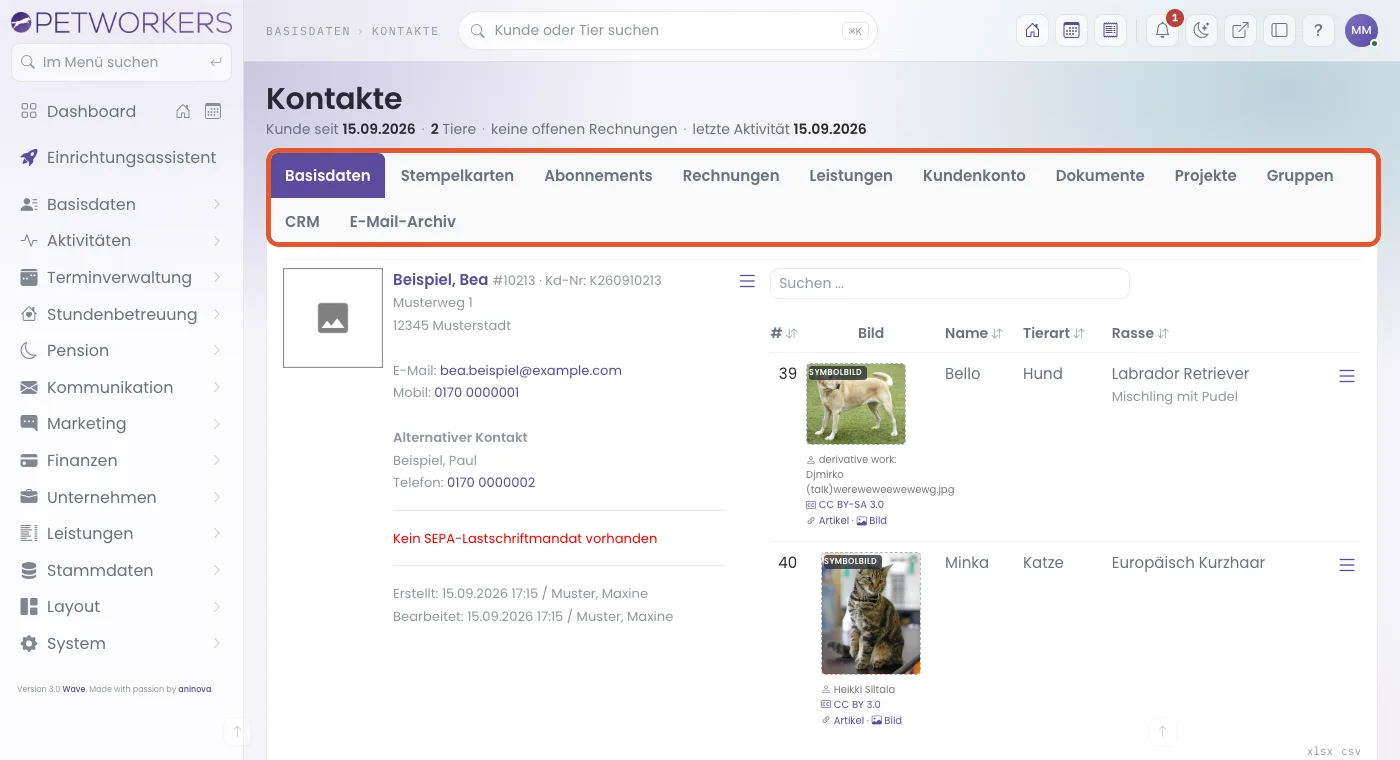 Die Kontaktkartei mit Reitern und Tierliste