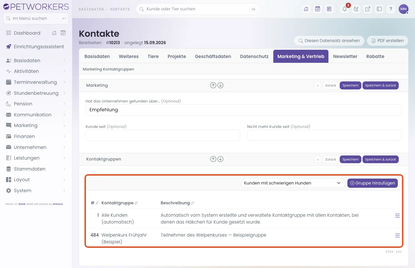 Reiter Marketing und Vertrieb mit den Kontaktgruppen des Kontakts