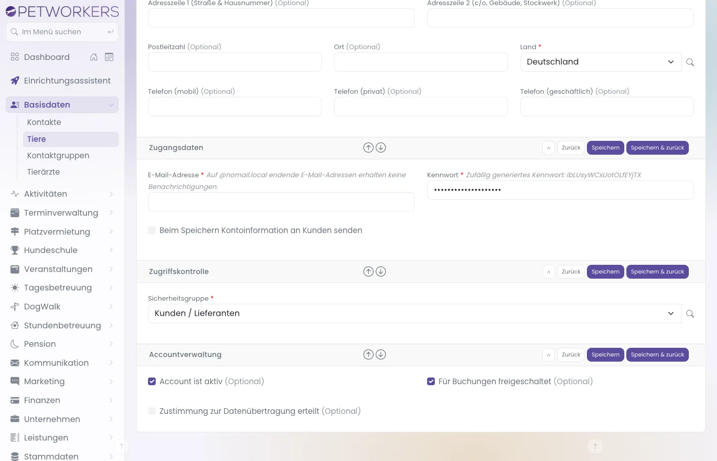 Die Abschnitte Zugangsdaten, Zugriffskontrolle und Accountverwaltung beim Anlegen eines Kontakts