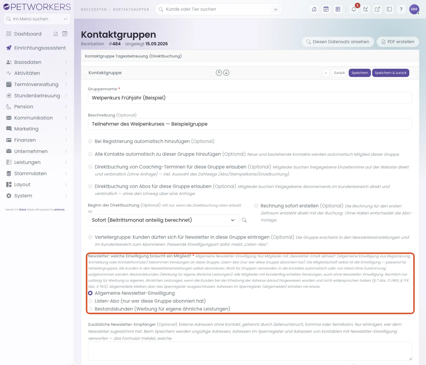 Das Formular einer Kontaktgruppe mit allen Schaltern