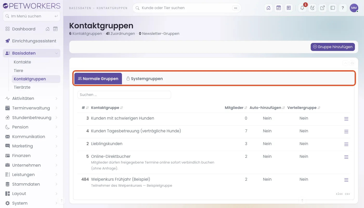 Die Liste der Kontaktgruppen mit den Reitern Normale Gruppen und Systemgruppen