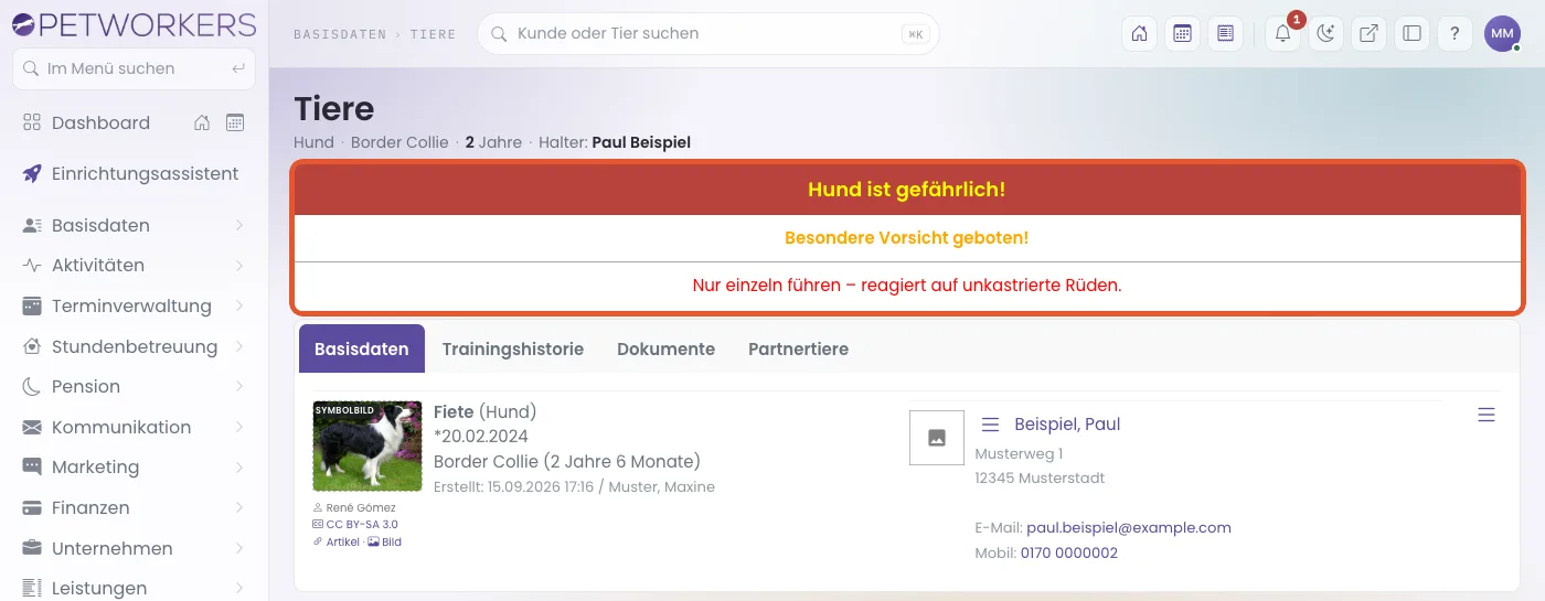 Die Tierkartei mit rotem Warnbalken und Sicherheitshinweis
