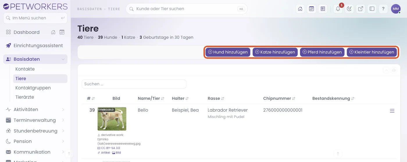 Die Tierliste mit den Knöpfen zum Anlegen je Tierart