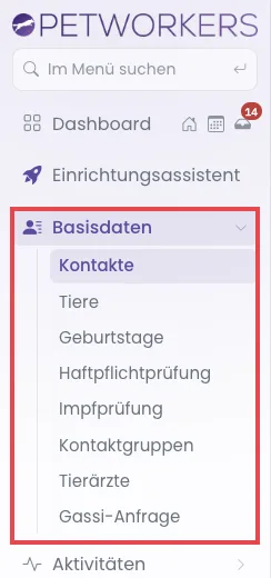 Das aufgeklappte Menü Basisdaten mit seinen Unterpunkten