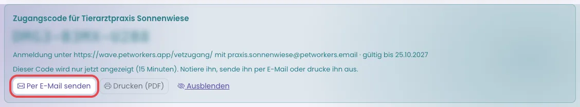Kasten mit dem Zugangscode und den Knöpfen Per E-Mail senden, Drucken und Ausblenden