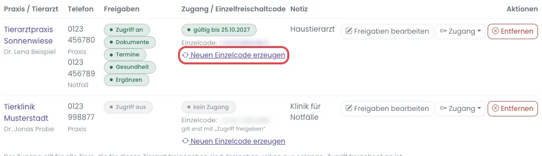Die Zeile eines Tierarztes mit Einzelfreischaltcode