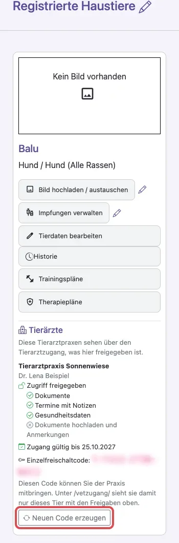 Der Kasten Tierärzte auf der Tierkarte im Kundenbereich