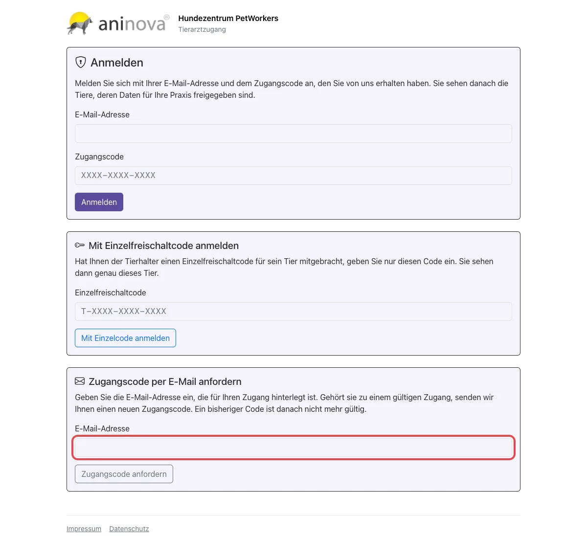 Formular Zugangscode per E-Mail anfordern