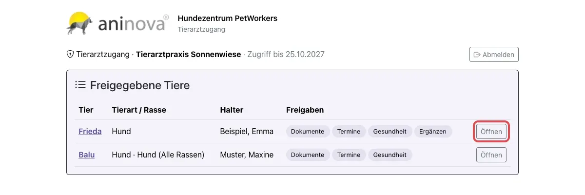 Die Tierliste im Tierarztzugang