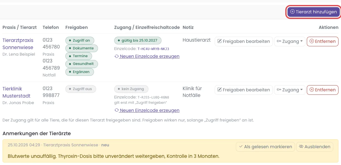 Der Reiter Tierärzte in der Tierkartei