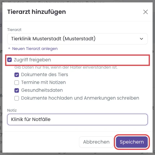 Das Fenster Tierarzt hinzufügen mit den Freigaben