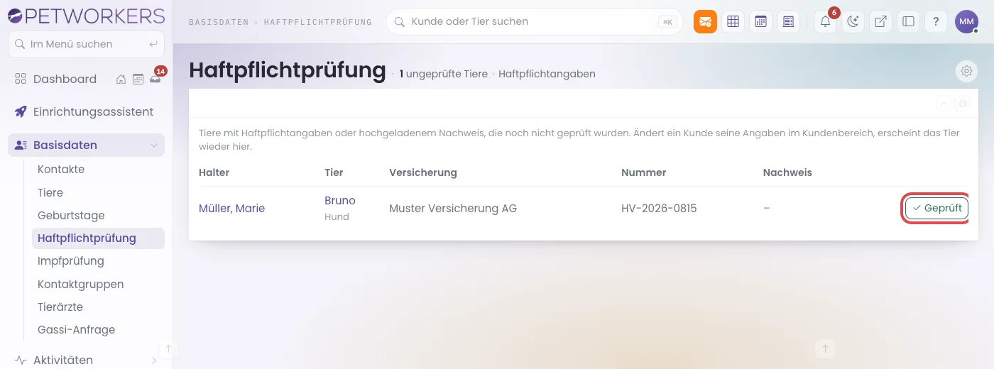 Die Liste der Haftpflichtprüfung mit einem ungeprüften Tier