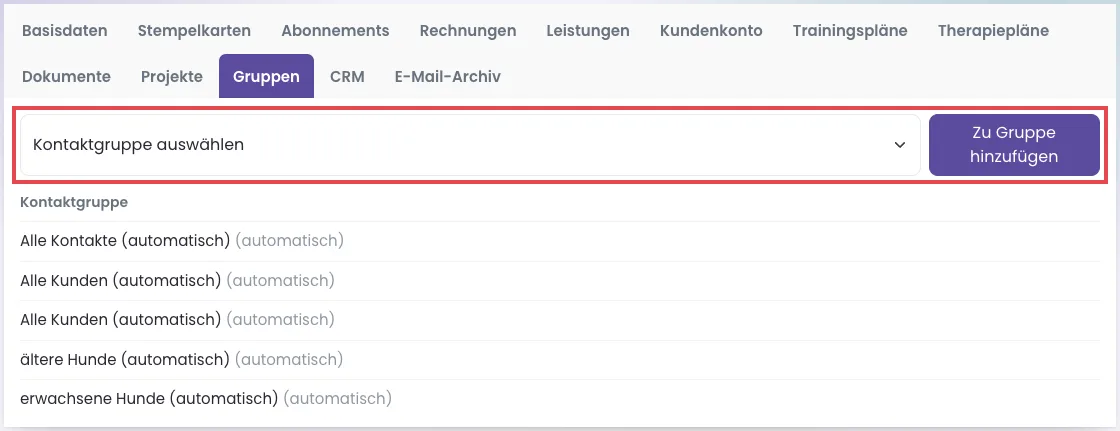 Reiter Gruppen der Kontaktkartei mit Auswahl und Knopf Zu Gruppe hinzufügen