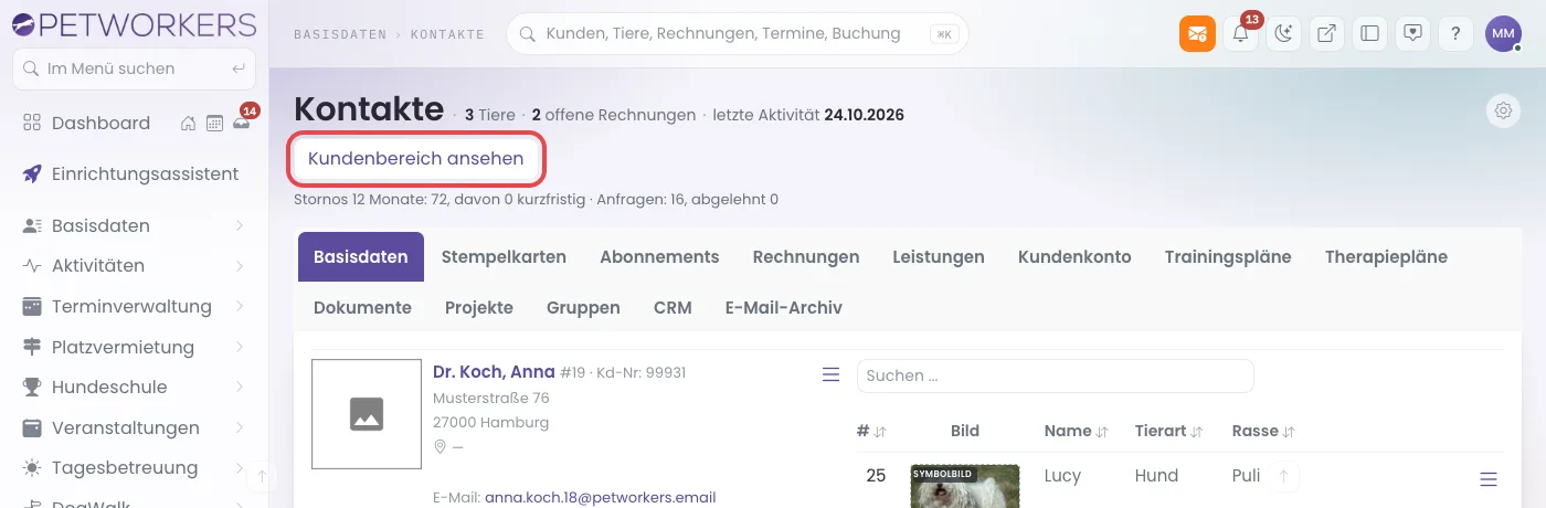 Kontaktkartei mit rot markiertem Knopf Kundenbereich ansehen