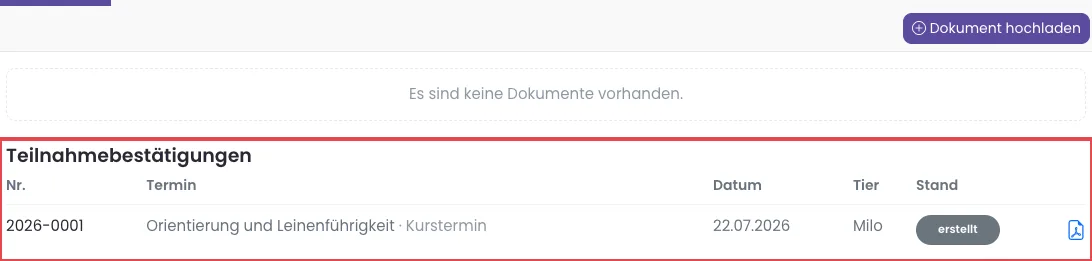 Reiter Dokumente mit dem Abschnitt Teilnahmebestätigungen