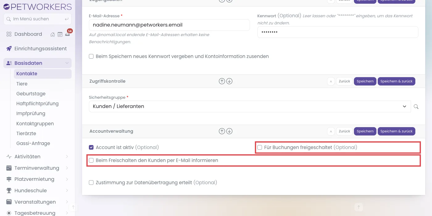 Accountverwaltung eines noch nicht freigeschalteten Kunden mit dem Haken für die Freischaltungs-Mail