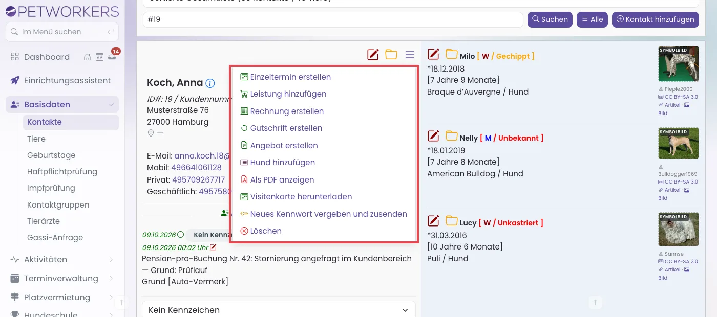 Das aufgeklappte Menü einer Kontaktkarte