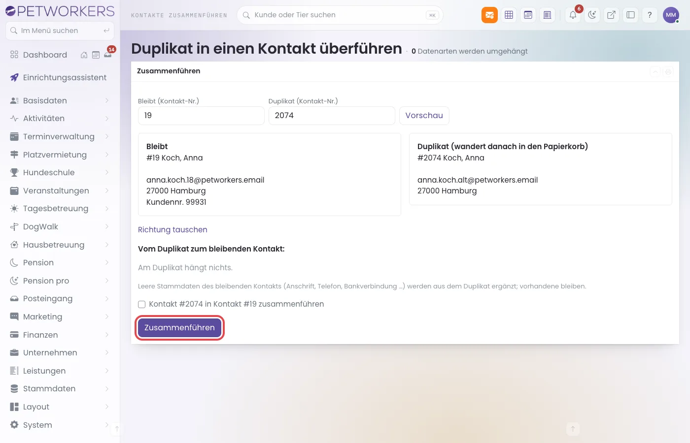 Die Vorschau zum Zusammenführen zweier Kontakte