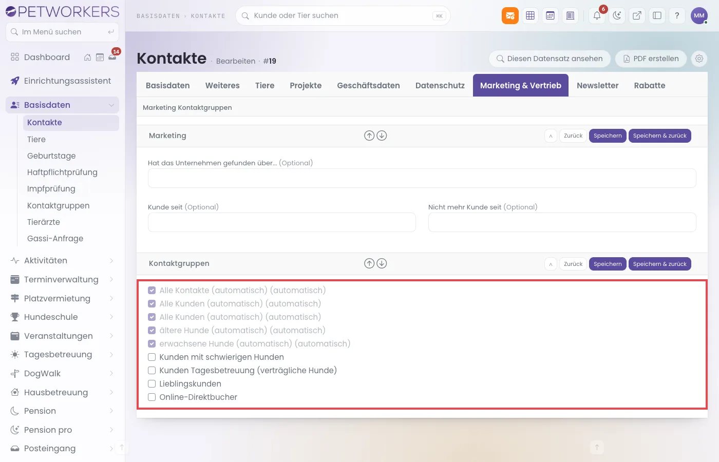 Reiter Marketing und Vertrieb mit den Haken für die Kontaktgruppen