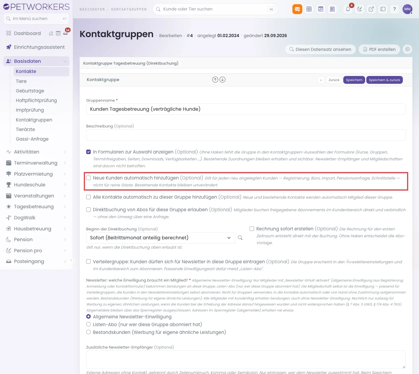 Das Formular einer Kontaktgruppe mit allen Schaltern