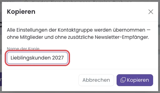 Fenster Kopieren mit dem Feld Name der Kopie