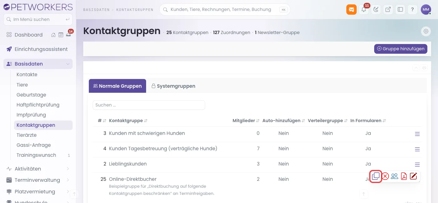 Kontaktgruppenliste mit geöffnetem Zeilenmenü, das Symbol Kopieren ist rot markiert