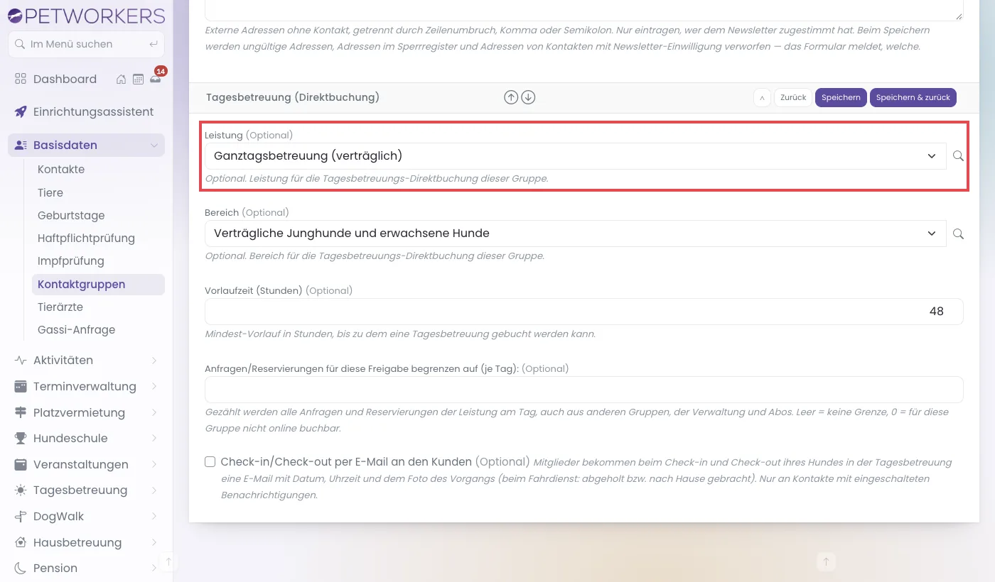 Der Abschnitt Tagesbetreuung Direktbuchung im Formular einer Kontaktgruppe