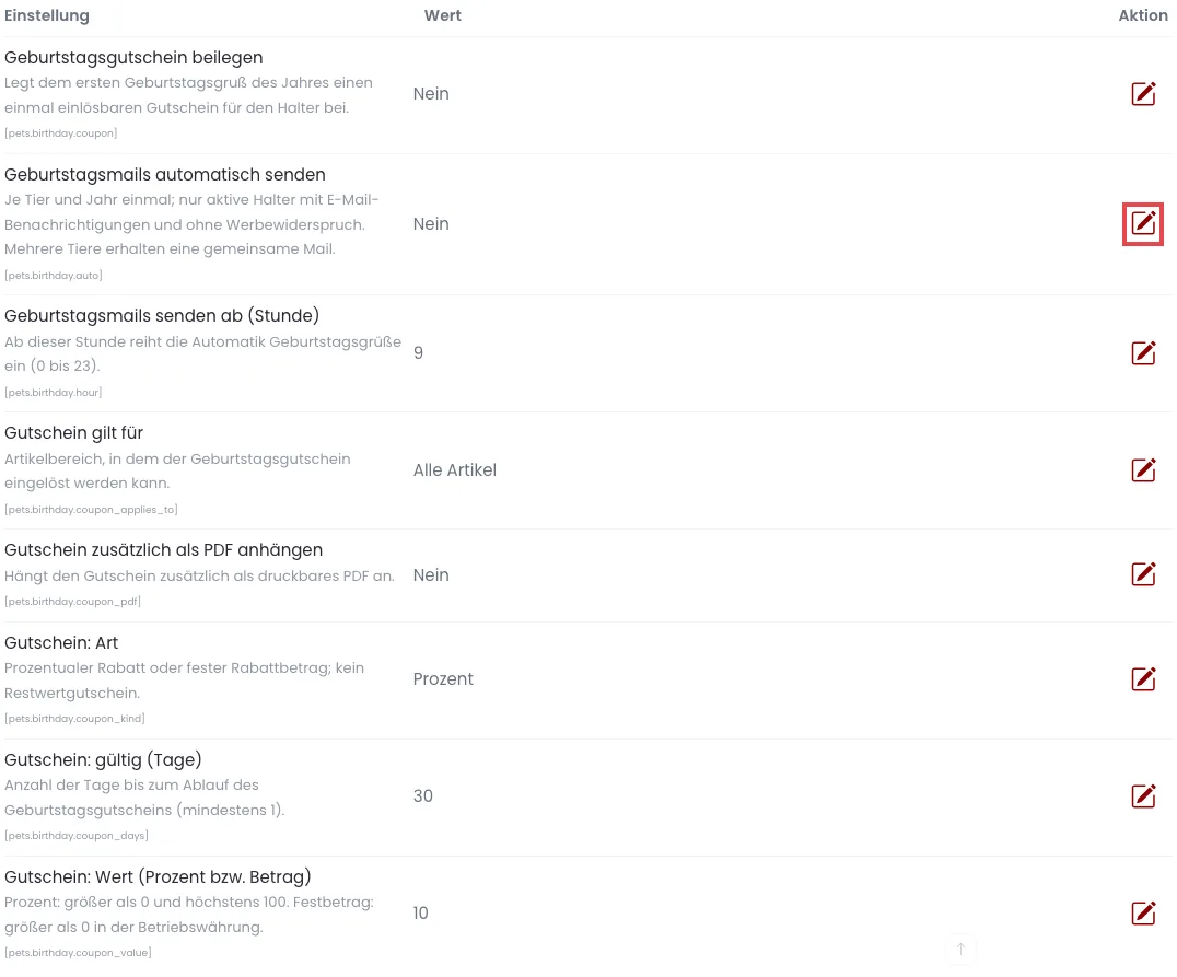 Einstellungen zu Geburtstagsmails und Geburtstagsgutschein in der Gruppe Tiere