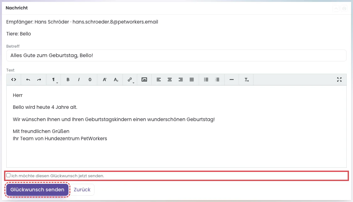 Seite Glückwunsch senden mit Empfänger, Tiere, Betreff, Text und Bestätigung