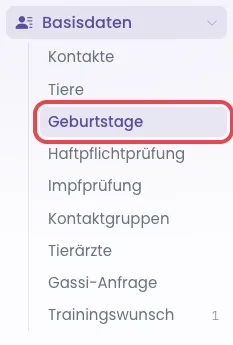 Menügruppe Basisdaten mit dem Punkt Geburtstage
