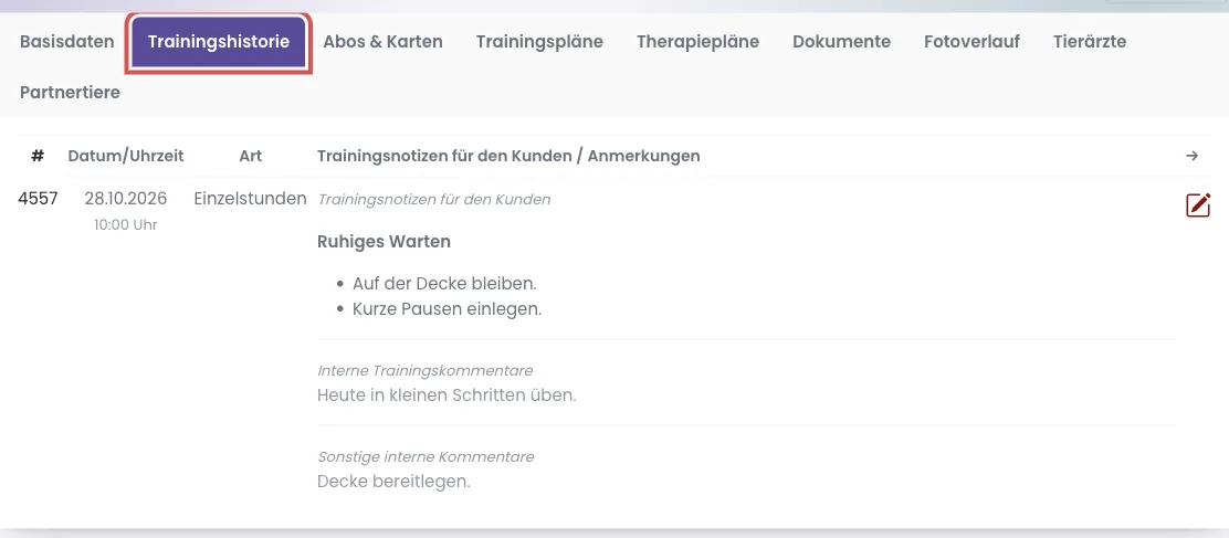 Trainingshistorie mit fett gesetztem Befund und Aufzählung