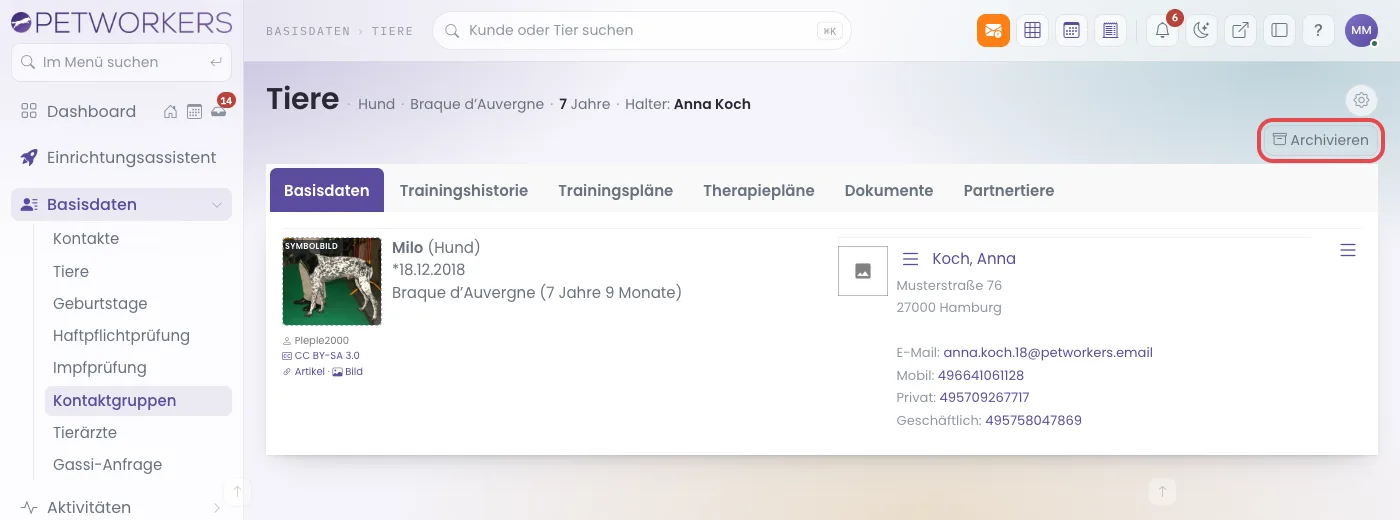 Die Tierkartei mit dem Knopf Archivieren oben rechts