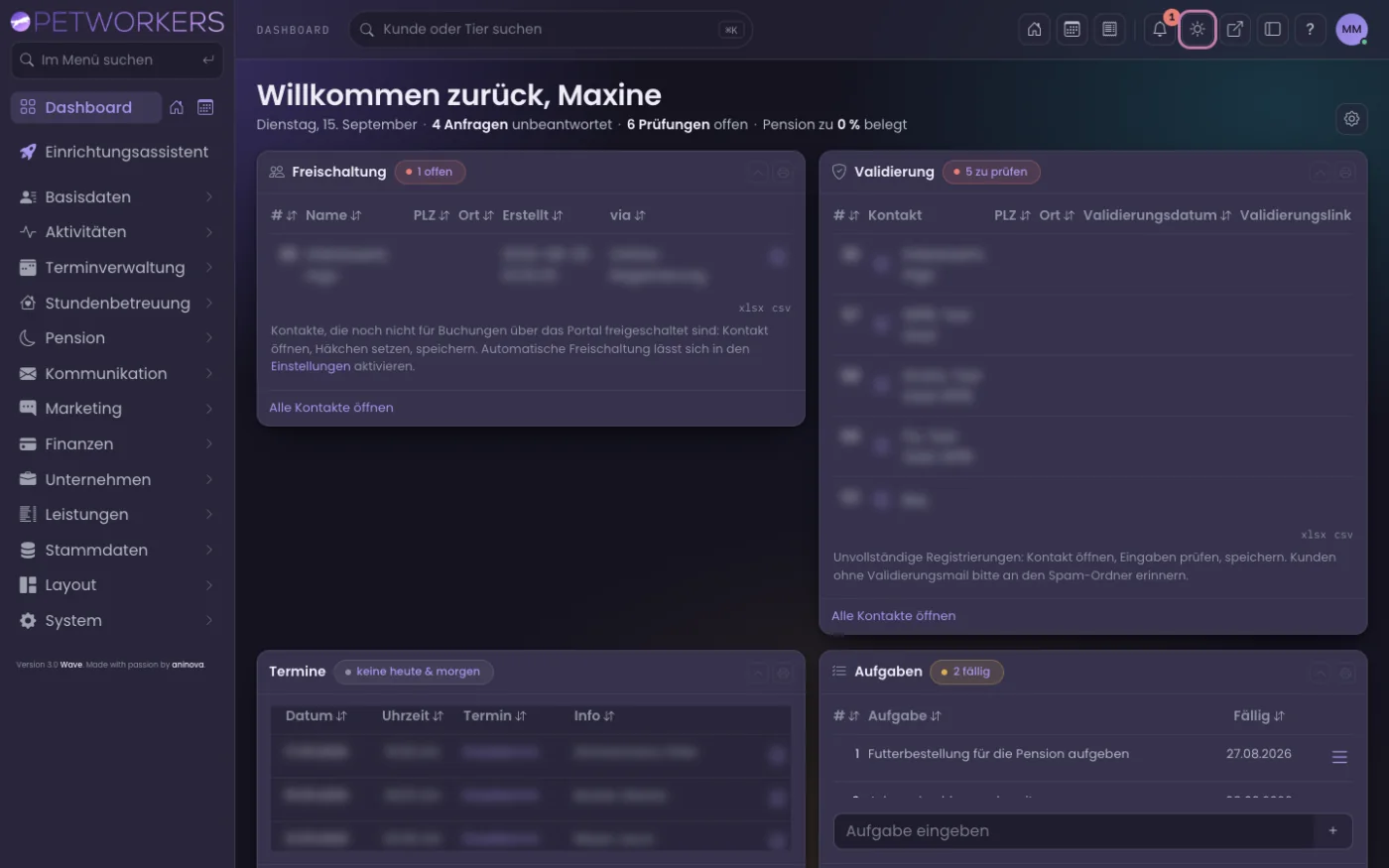 Das Dashboard im Dunkelmodus; markiert ist der Schalter.