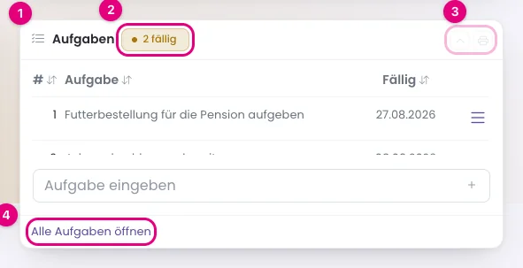 Die Kachel „Aufgaben" mit ihren Bedienelementen.