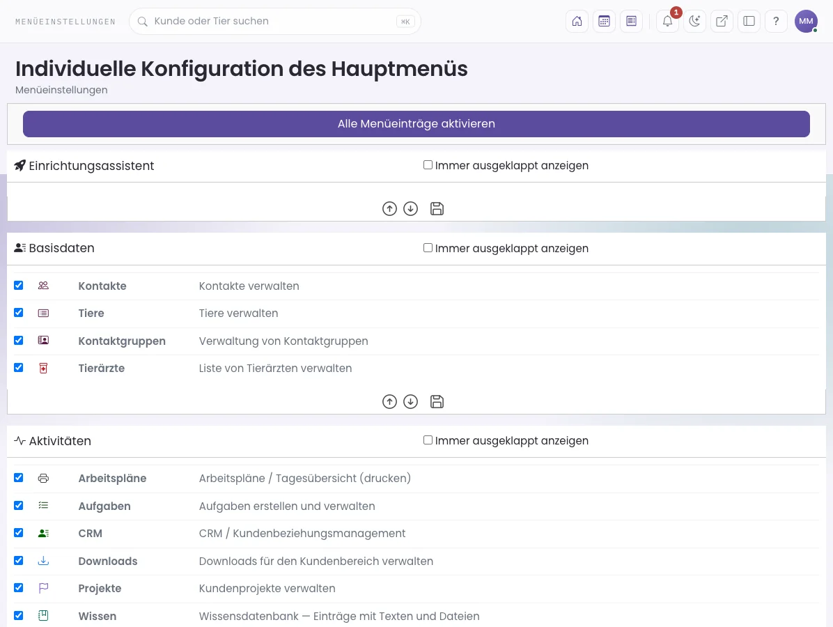 Menüeinstellungen: Menüpunkte ein- und ausblenden, Gruppen immer ausgeklappt anzeigen.