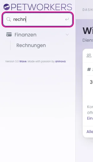 „rechn" im Menü gesucht: übrig bleibt Finanzen → Rechnungen.