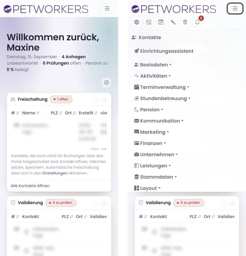 Auf dem Handy: links das Dashboard, rechts das aufgeklappte Menü.