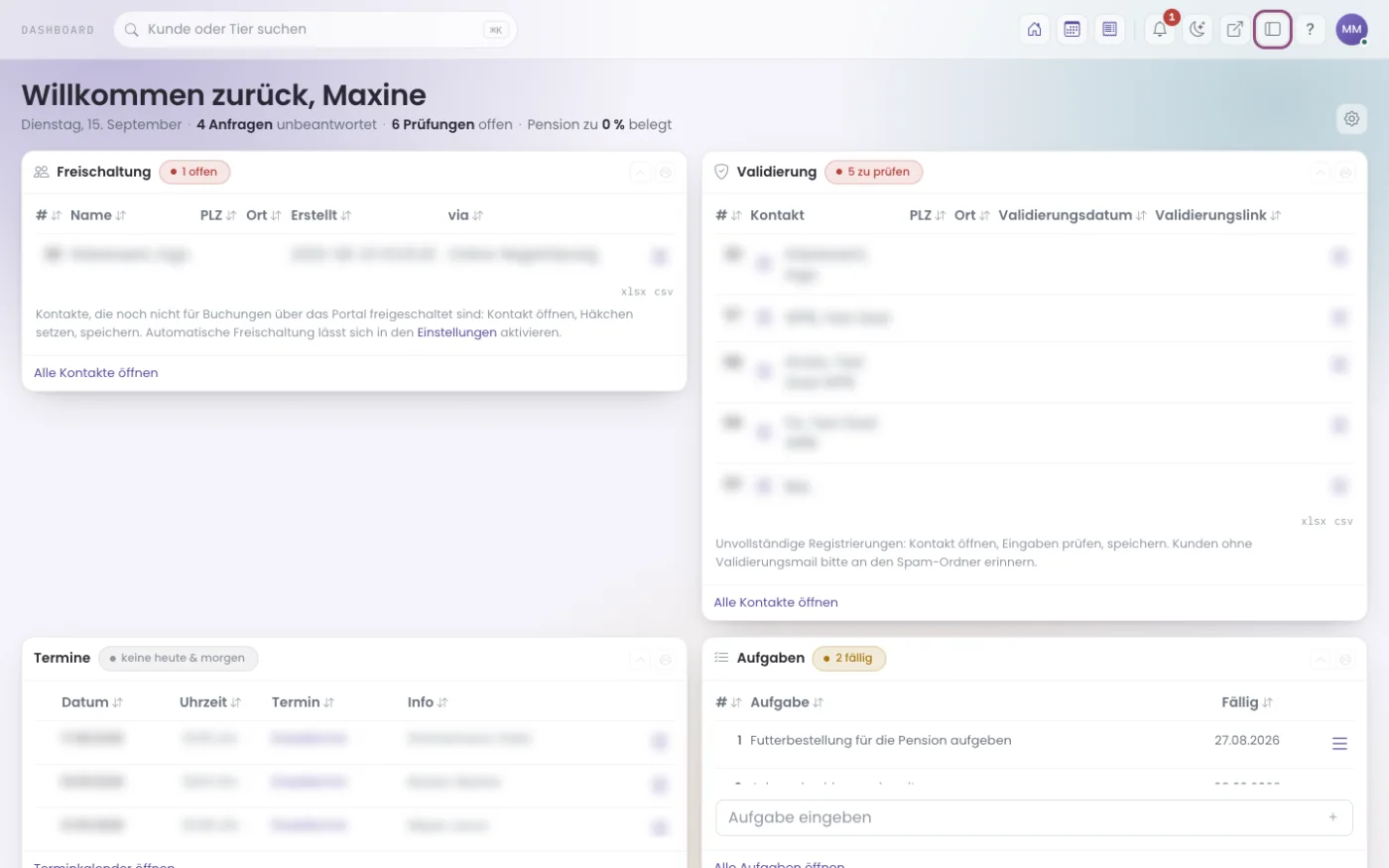 Das Dashboard ohne Seitenleiste; markiert ist der Schalter.
